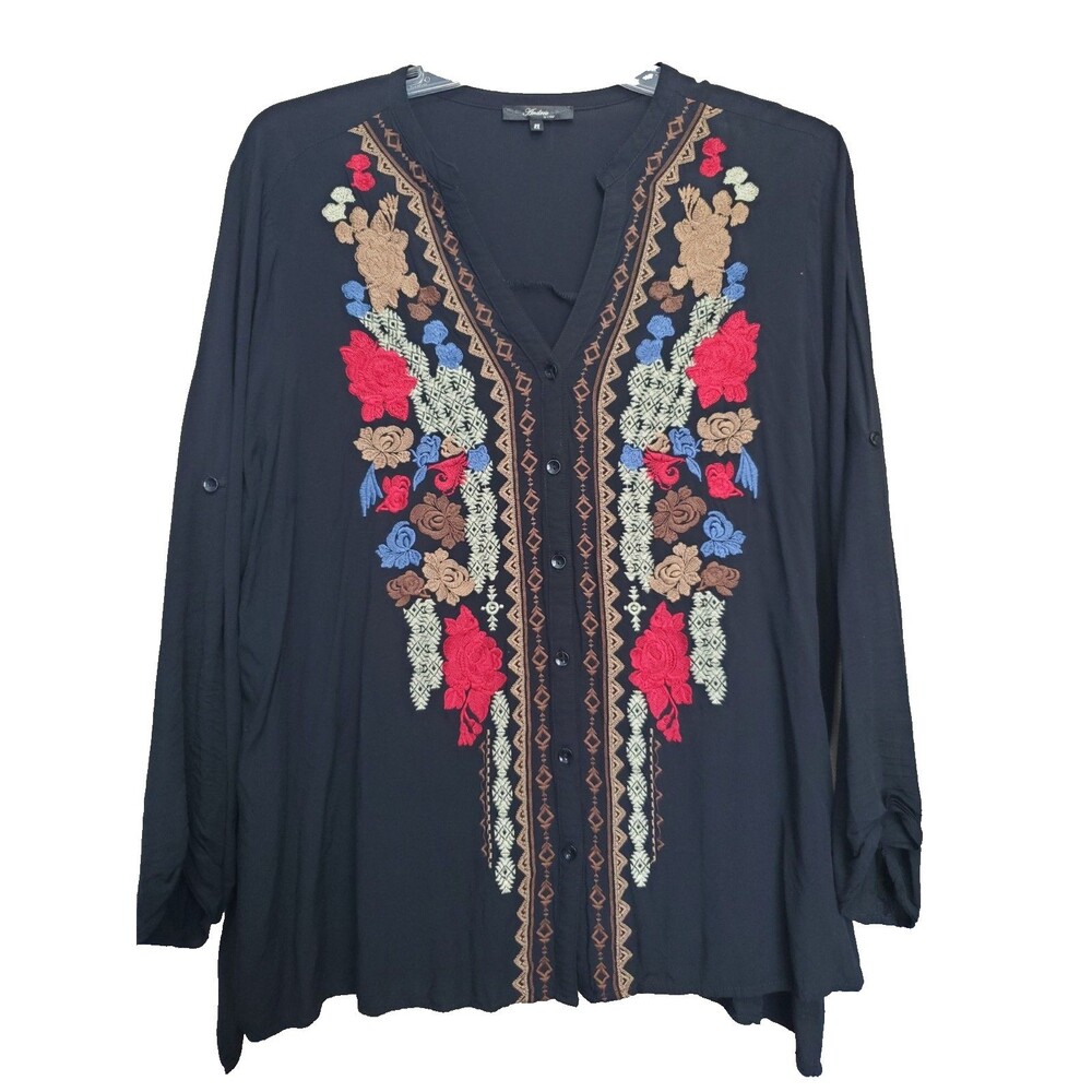 Andree by Unit Black Floral Embroidered Roll-Tab Sleeve Button-Up Tunic Size 2X